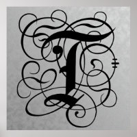 Letter T, Gothic Monogram Black Poster