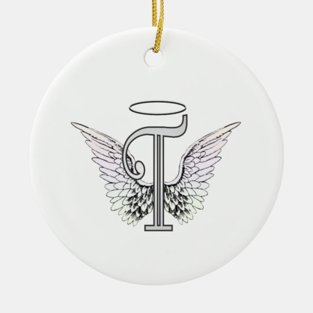 Letter T Initial Monogram with Angel Wings & Halo Ceramic Tree Decoration (Front)