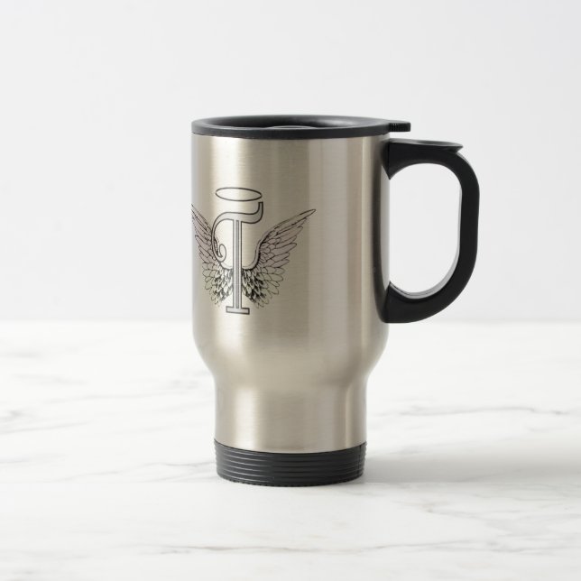 Letter T Initial Monogram with Angel Wings & Halo Travel Mug (Right)