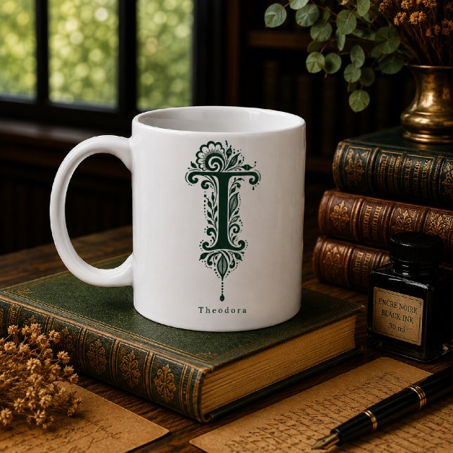 Letter T Linocut Botanical Personalised Mug (Creator Uploaded)