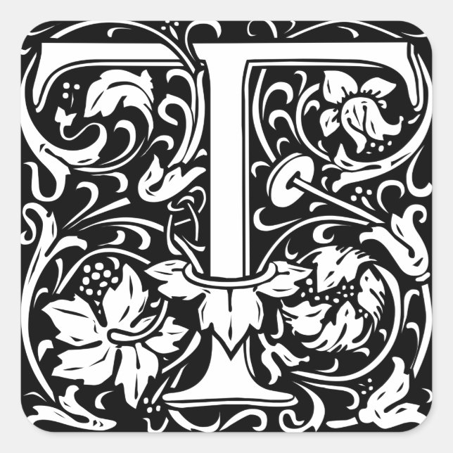 Letter T Mediaeval Monogram Art Nouveau Square Sticker (Front)