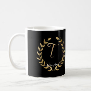 Letter T Monogram Black n Gold Script Name Coffee Mug