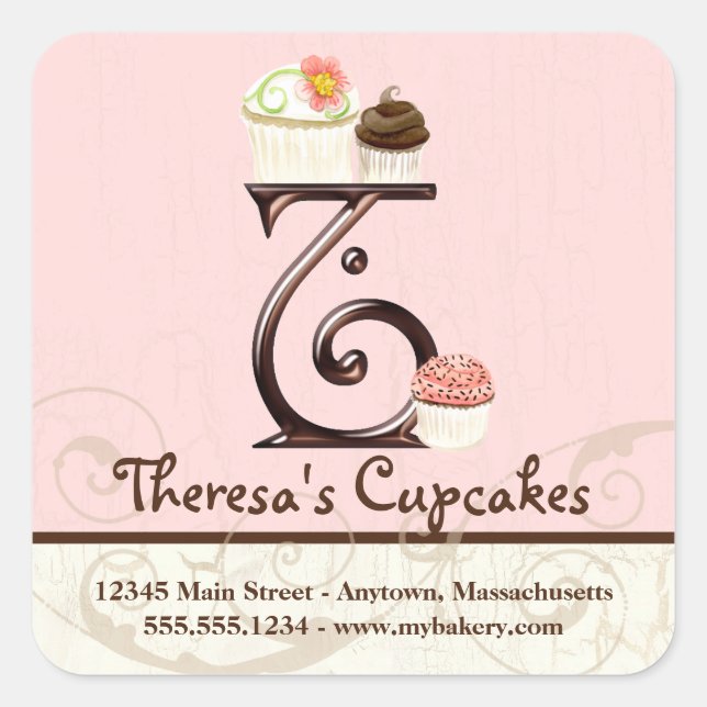 Letter T Monogram Cupcake Logo Business Identity Square Sticker (Front)