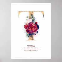 Letter T Monogram Floral Navy Blue and Burgundy