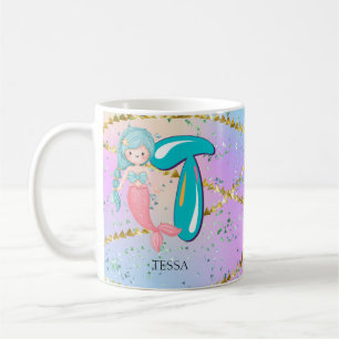 Letter T Monogram Watercolor Cute Mermaid Nursery Coffee Mug