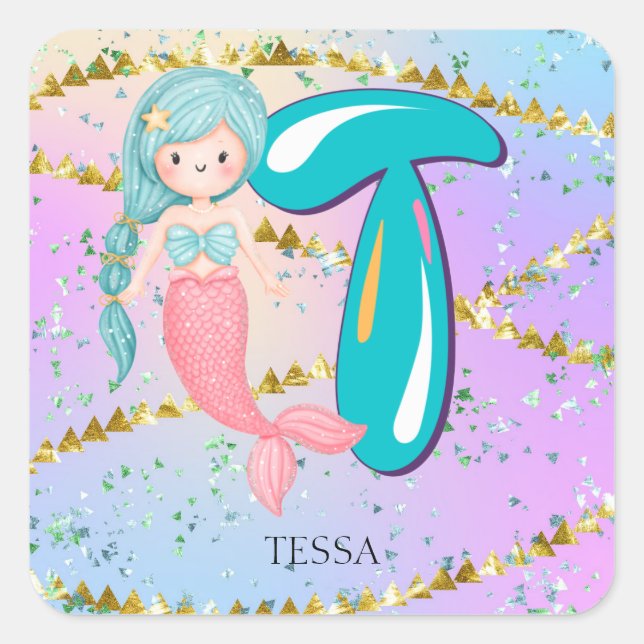 Letter T Monogram Watercolor Cute Mermaid Nursery Square Sticker (Front)