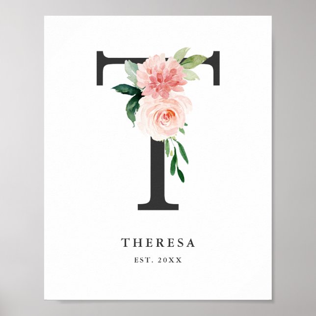 Letter T Monogram Watercolor Peach Florals Nursery Poster (Front)