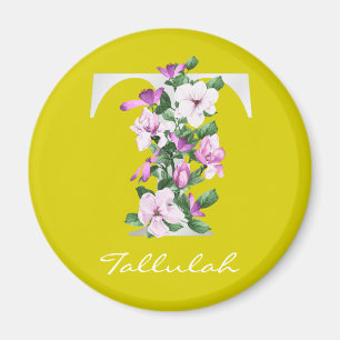 Letter T   Name   Floral White Metallic Monogram Magnet