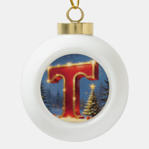Letter T Tree Personalised Monogram Holiday Gift Ceramic Ball Christmas Ornament