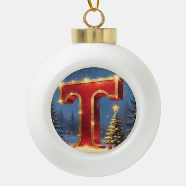 Letter T Tree Personalised Monogram Holiday Gift Ceramic Ball Christmas Ornament (Front)