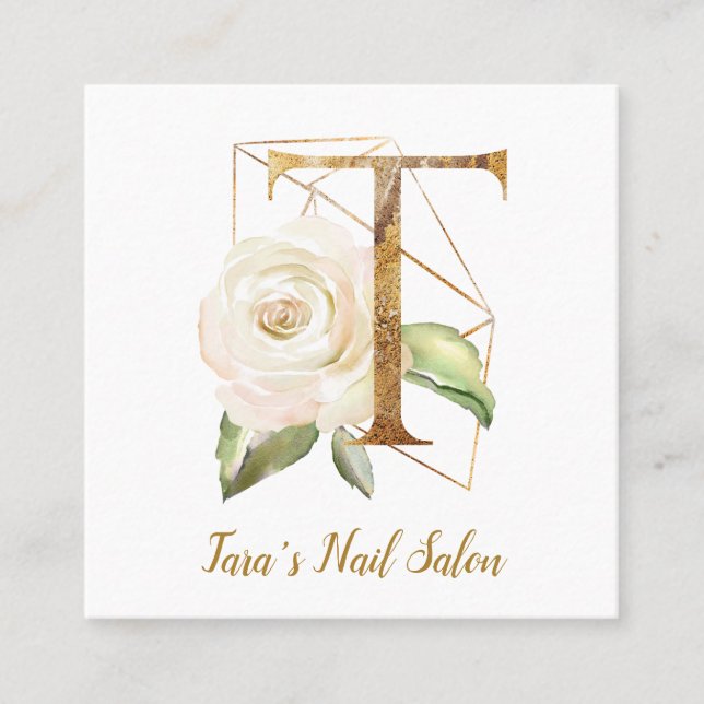 Letter T with Gold Geometric Design and Flowers Square Business Card (Front)