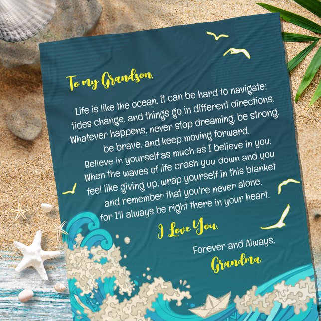 Letter To My Son or Grandson Nautical Ocean Sea    Fleece Blanket (Nautical Ocean Beach Theme Fleece Blanket Gift for Son or Grandson Paper Boat Sea and Birds in Blue )