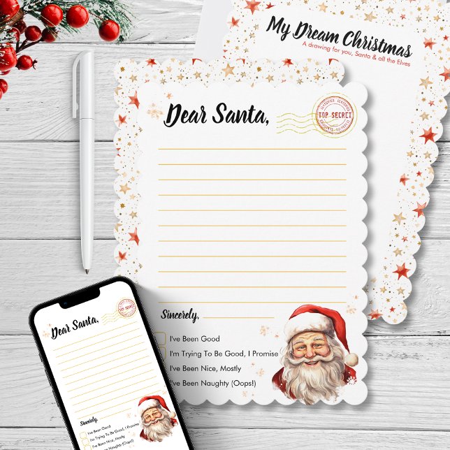 Letter to Santa Drawing Activity for kid Christmas Invitation (Letter to Santa Drawing Activity for kid Christmas dear santa claus wish red gold star creative)