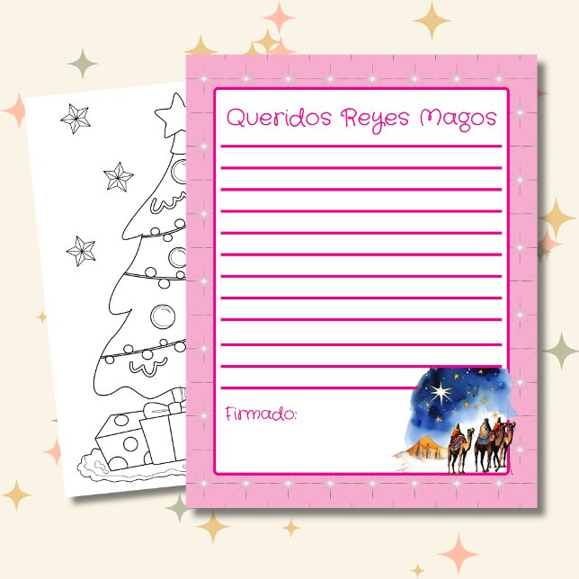 Letter to the Three Wise Men Pink Colouring Page (Spanish Letter to the wise men pink, custom text, name & language. Con Jesus en el camino)