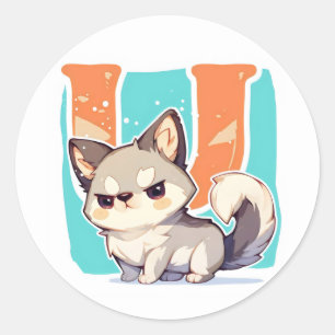Letter U Anime Grumpy Dog Classic Round Sticker