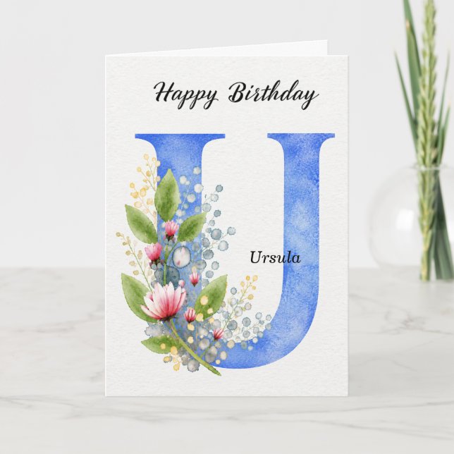 Letter U Birthday Custom Name Her Blue Monogram Card (Front)