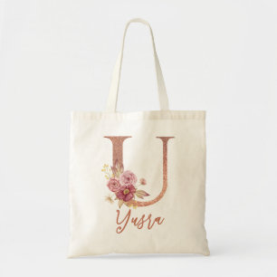 Letter U Blush pink Glitter Floral Monogram  Tote Bag