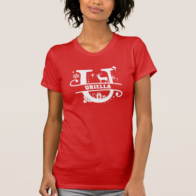 Letter U Christmas Monogram Initial Name Red T-Shirt (Front)