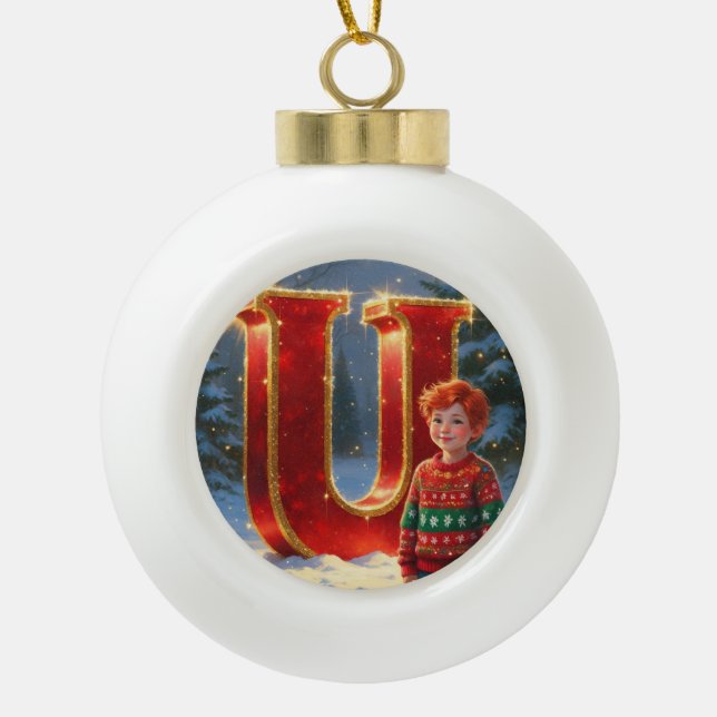 Letter U Christmas Sweater Personalized Initial Ceramic Ball Christmas Ornament (Front)