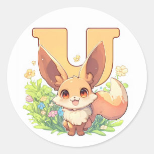 Letter U Fantasy Anime Animal Classic Round Sticker