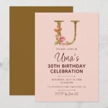 Letter U Gold Monogram Blush Pink Roses