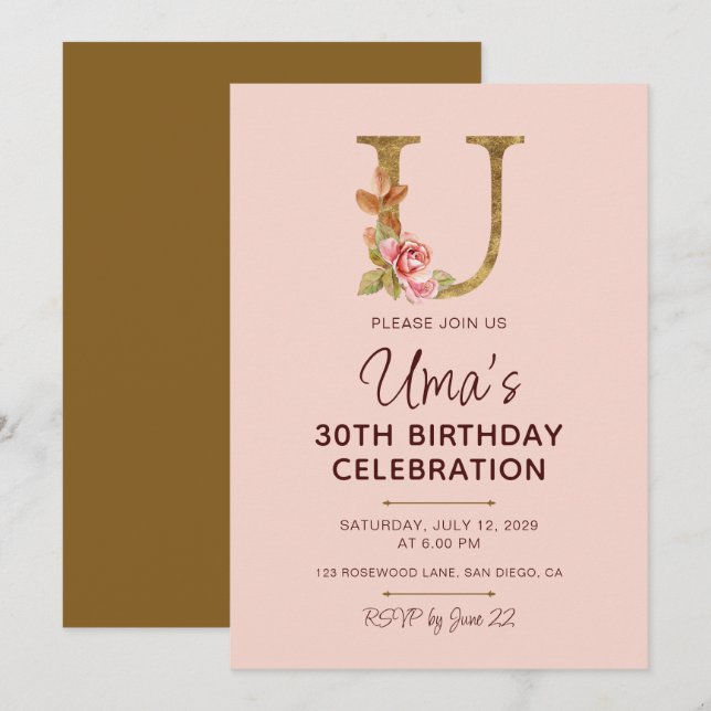 Letter U Gold Monogram Blush Pink Roses Invitation (Front/Back)