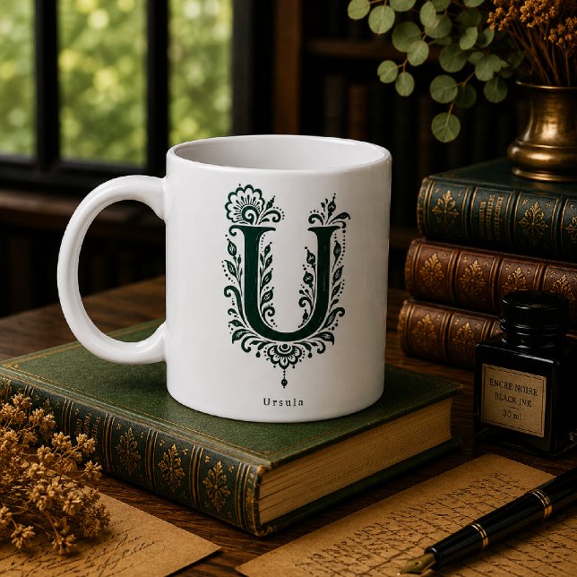 Letter U Linocut Botanical Personalised Mug (Creator Uploaded)
