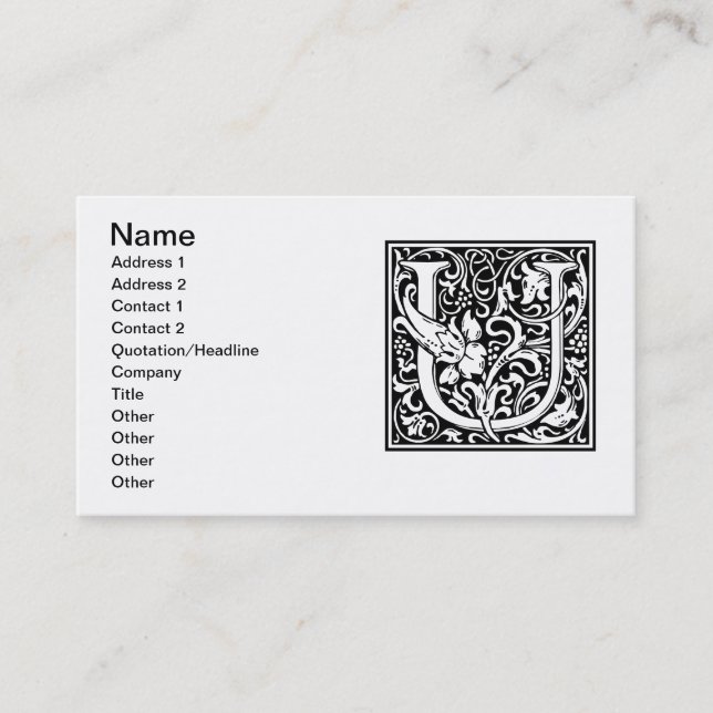 Letter U Mediaeval Monogram Art Nouveau Business Card (Front)