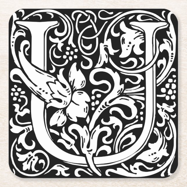 Letter U Mediaeval Monogram Art Nouveau Square Paper Coaster (Front)