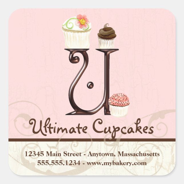 Letter U Monogram Cupcake Logo Business Initial Square Sticker (Front)
