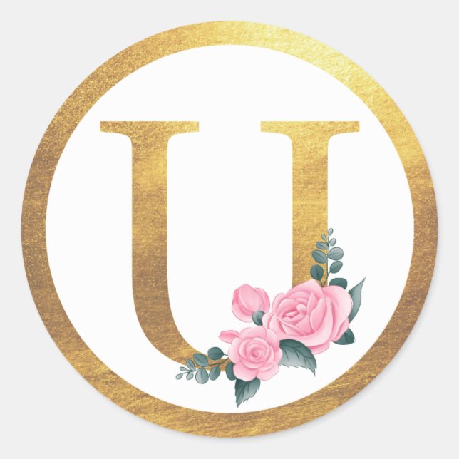 Letter U Monogram Pink Roses Floral & Elegant Gold Classic Round Sticker (Front)