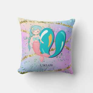 Letter U Monogram Watercolor Cute Mermaid Nursery Cushion