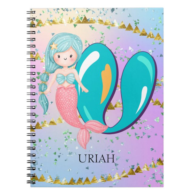 Letter U Monogram Watercolor Cute Mermaid Nursery Notebook (Front)