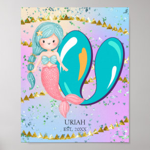 Letter U Monogram Watercolor Cute Mermaid Nursery Poster