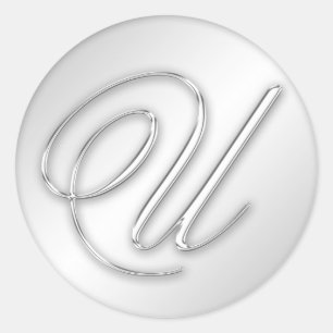 Letter U script initial faux silver monogram favou Classic Round Sticker