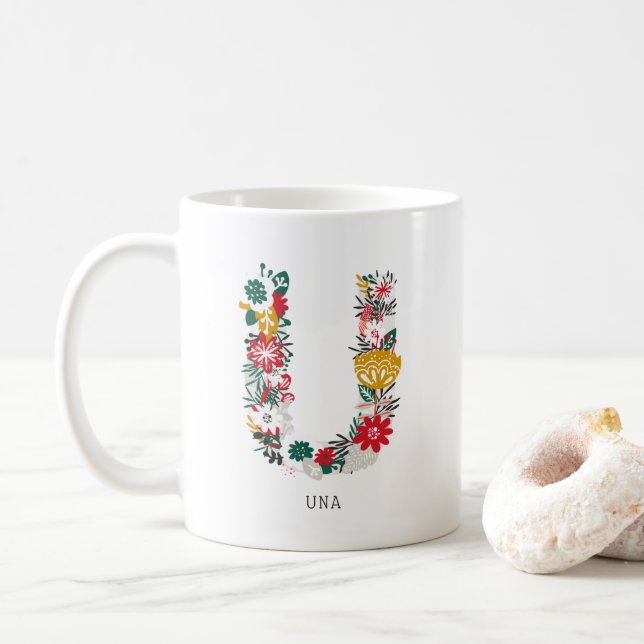 Letter U | Whimsical Floral Letter Monogram I Mug (With Donut)