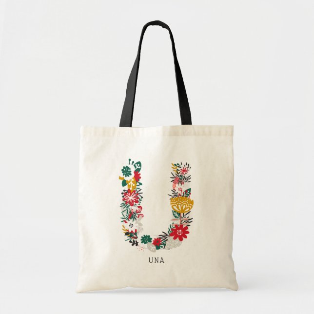 Letter U | Whimsical Floral Letter Monogram I Tote Bag (Front)