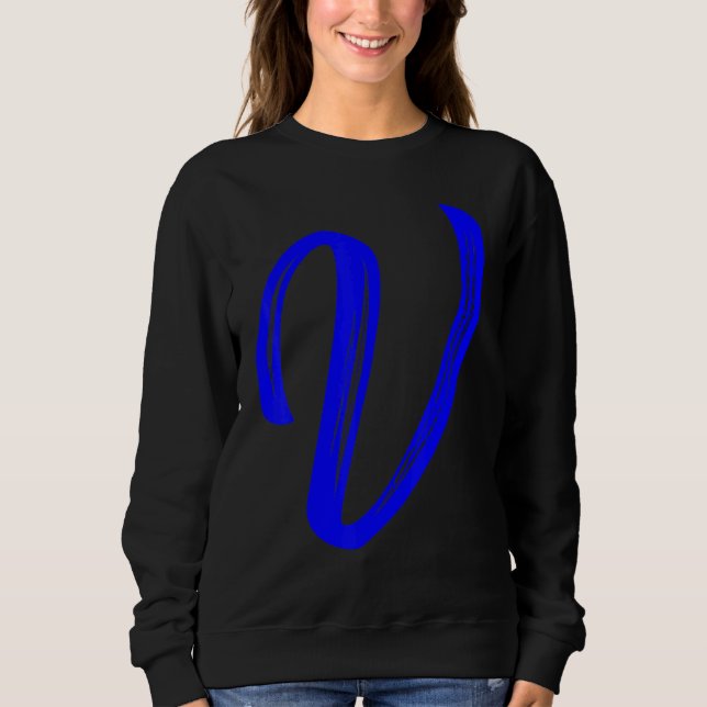 Letter V Alphabet Large Blue Graphic Initial Sweatshirt (Front)