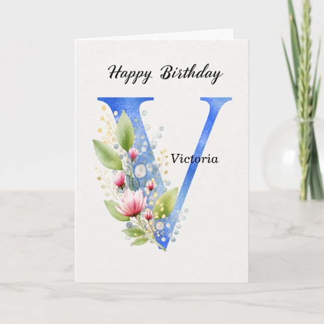 Letter V Birthday Custom Name Her Blue Monogram Card (Front)