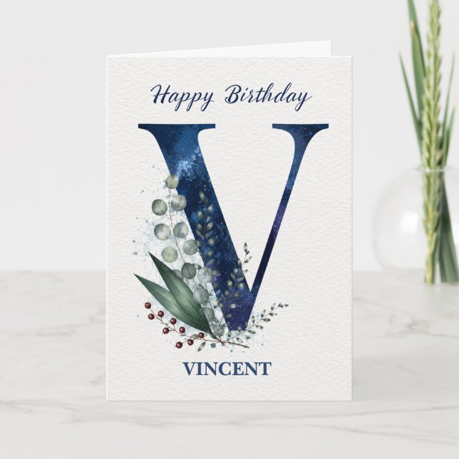 Letter V Birthday for Him Personalised Name Blue Card (Front)