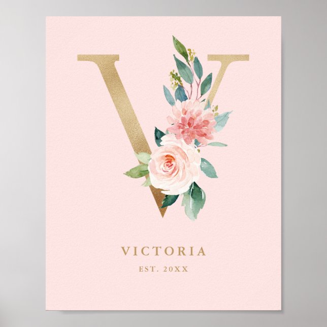 Letter V Blush Floral Monogram Gold Foil Nursery Poster (Front)