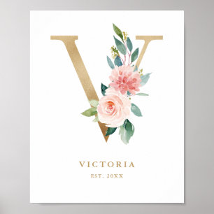 Letter V Blush Floral Monogram Gold Foil Nursery Poster