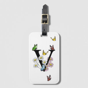 Letter V Floral Butterfly Monogram Initial Luggage Tag