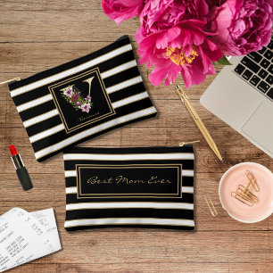 Letter V Floral Monogram Black White Gold Stripes Accessory Pouch