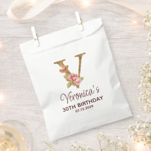 Letter V Gold Monogram Blush Pink Roses Favour Bags