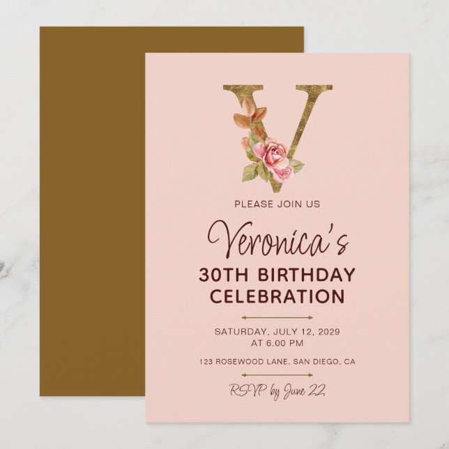 Letter V Gold Monogram Blush Pink Roses Invitation (Front/Back)