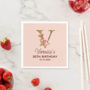 Letter V Gold Monogram Blush Pink Roses Napkin
