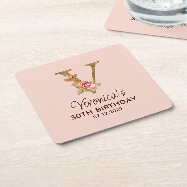Letter V Gold Monogram Blush Pink Roses Square Paper Coaster (Angled)