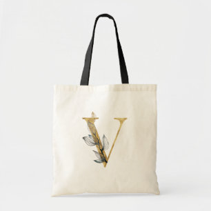 *~* Letter V Gold Monogram Initial Black Leaves Tote Bag