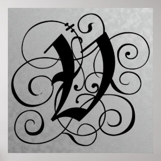 Letter V, Gothic Monogram Black Poster